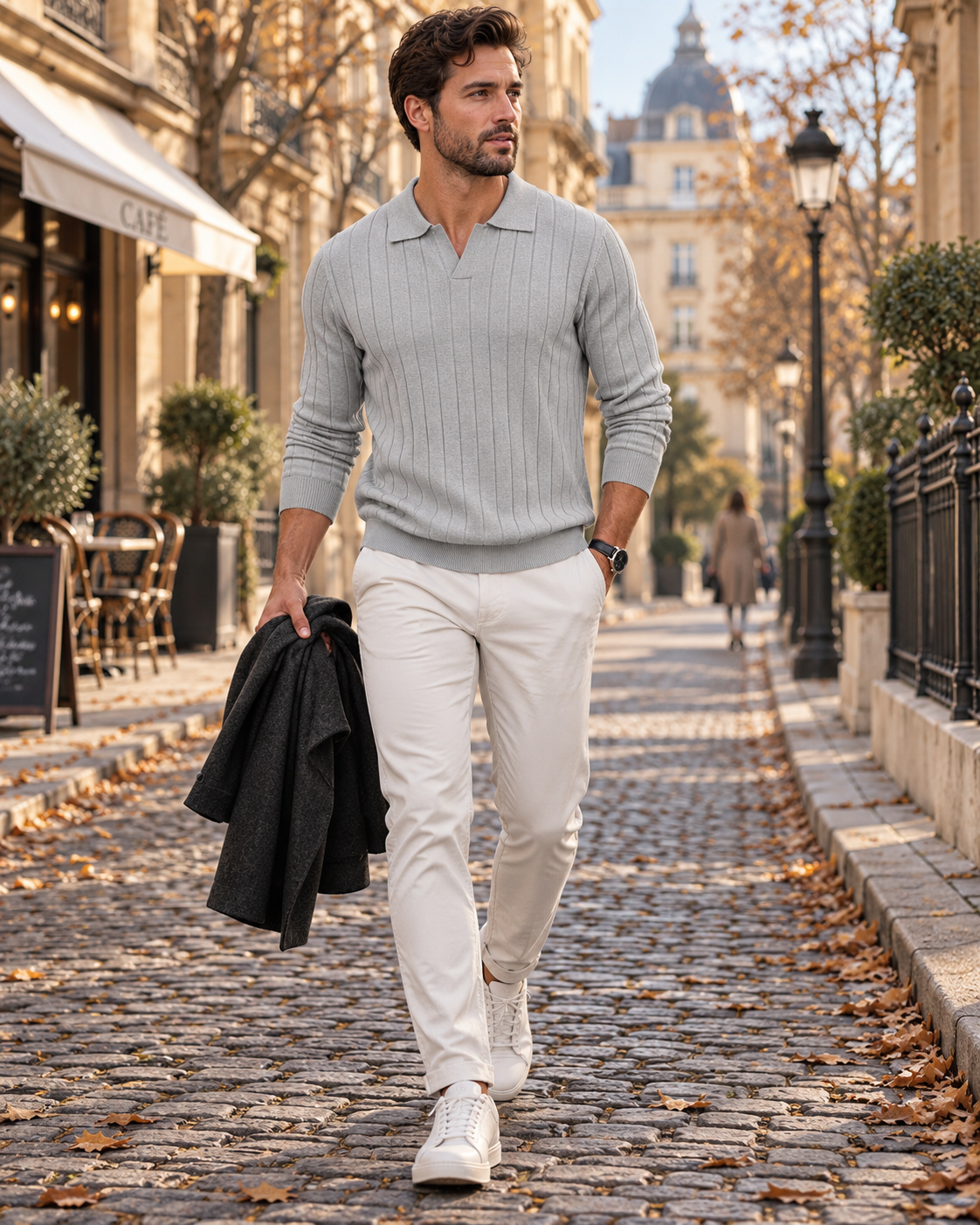 Percival Pull Polo Homme – Maille Texturée, Col V, Manches Longues et Finitions Côtelées
