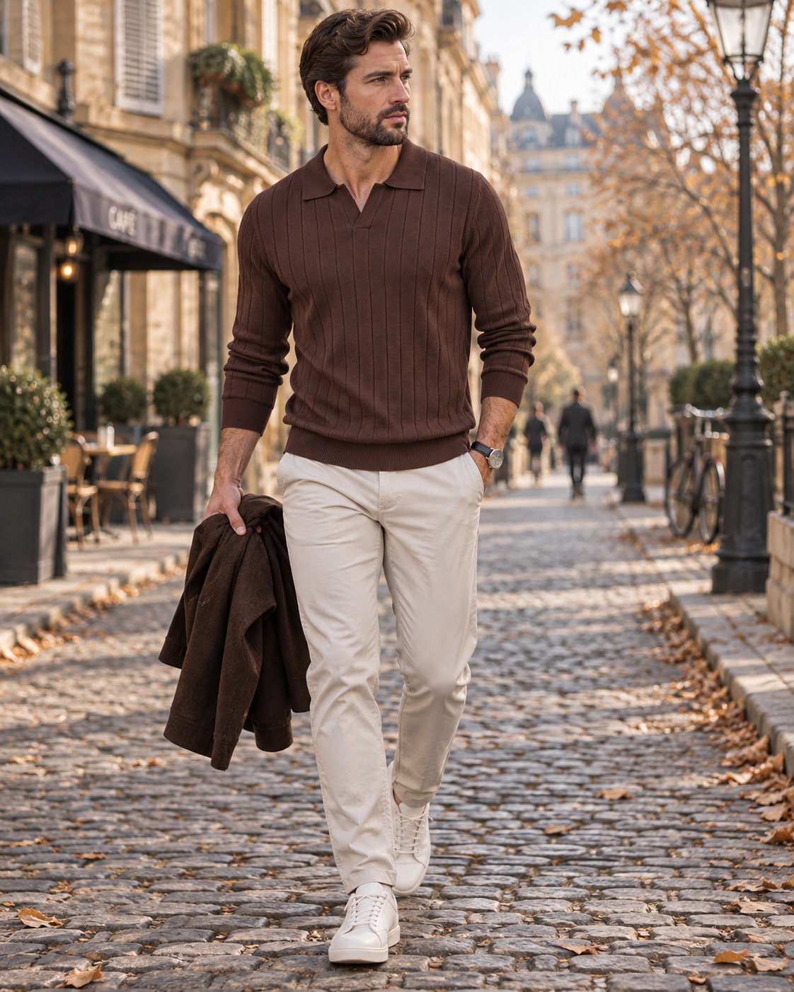 Percival Pull Polo Homme – Maille Texturée, Col V, Manches Longues et Finitions Côtelées
