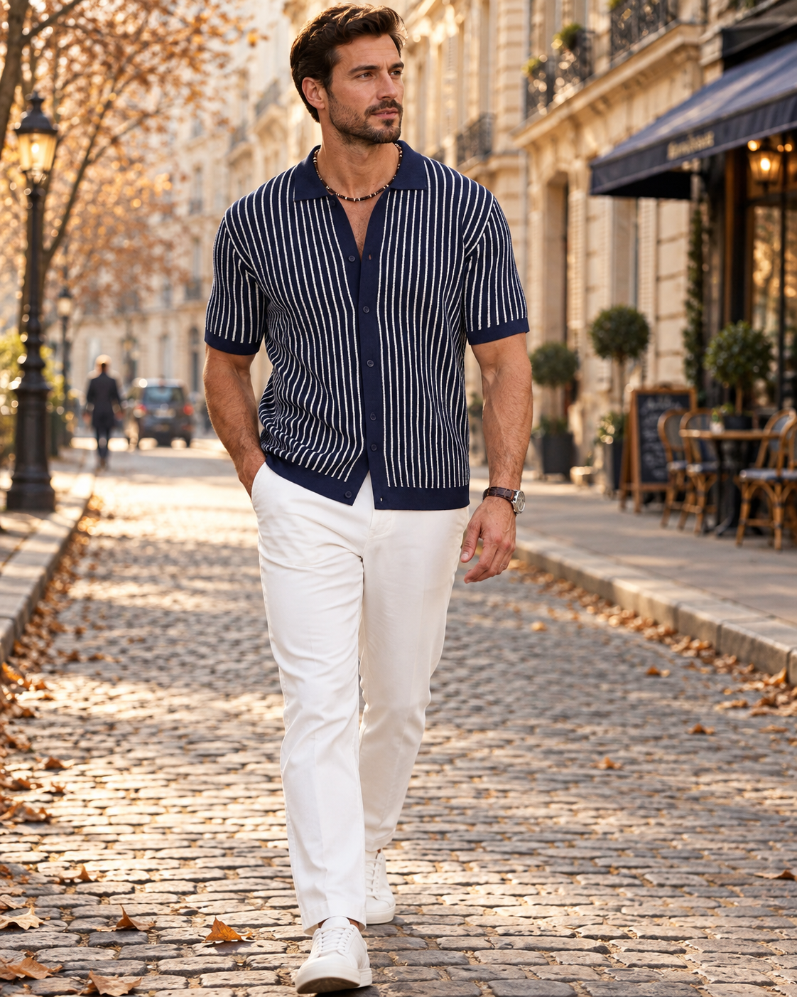 Clive Polo Homme – Maille Rayée, Col Classique, Manches Courtes et Boutons