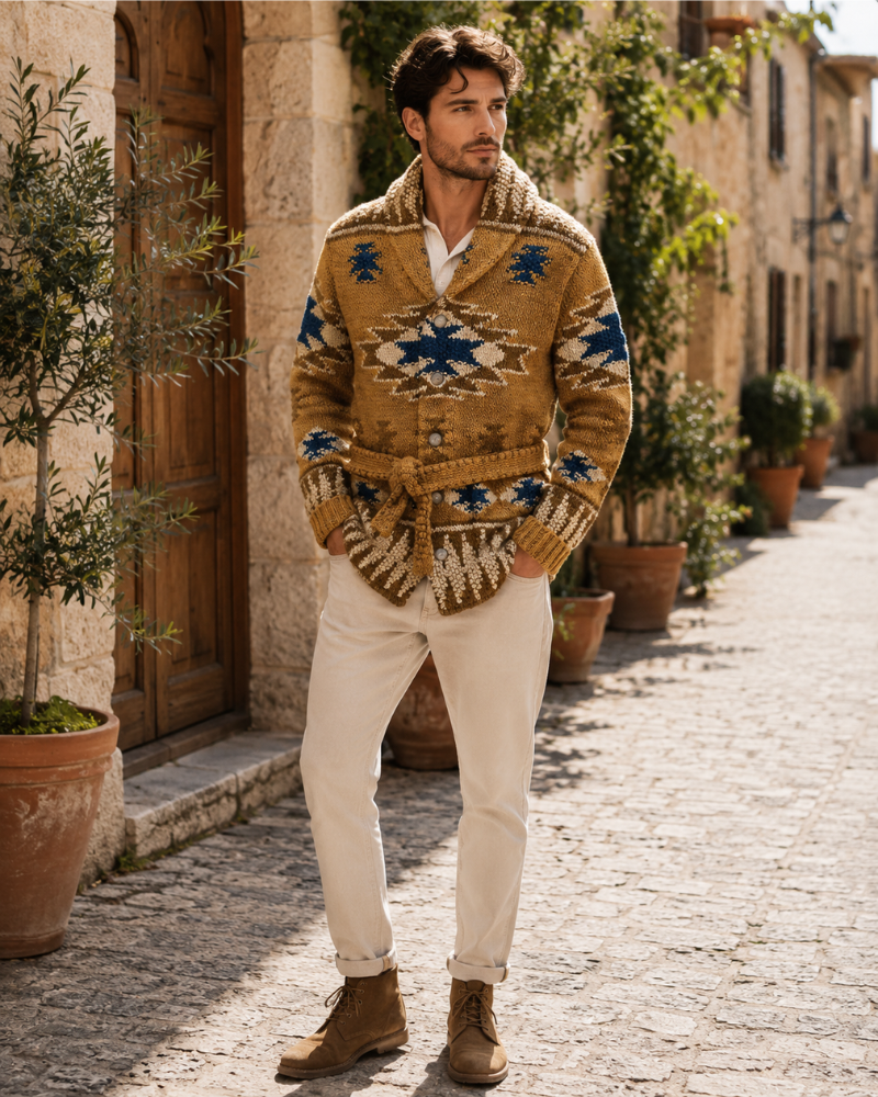 Spencer Cardigan Homme – Gilet Jacquard en Maille Douce au Style Inspiré de l'Ouest Américain