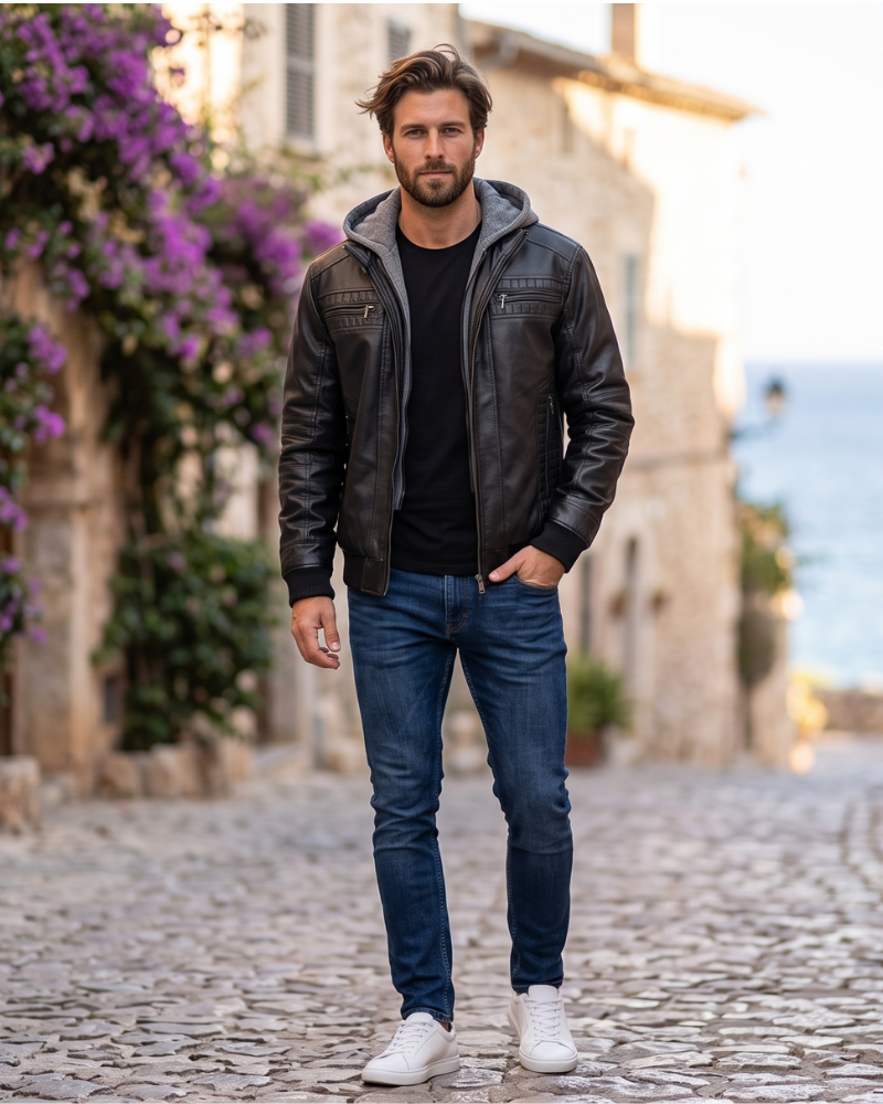 Caspian Giacca Uomo in Pelle – Giubbotto Moto Vintage con Cappuccio e Chiusura con Zip