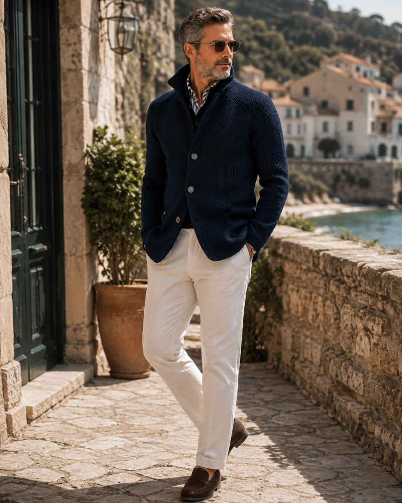 Jacob Elegant Men's Cardigan – Textured Knit with Stand-Up Collar & Modern Fit