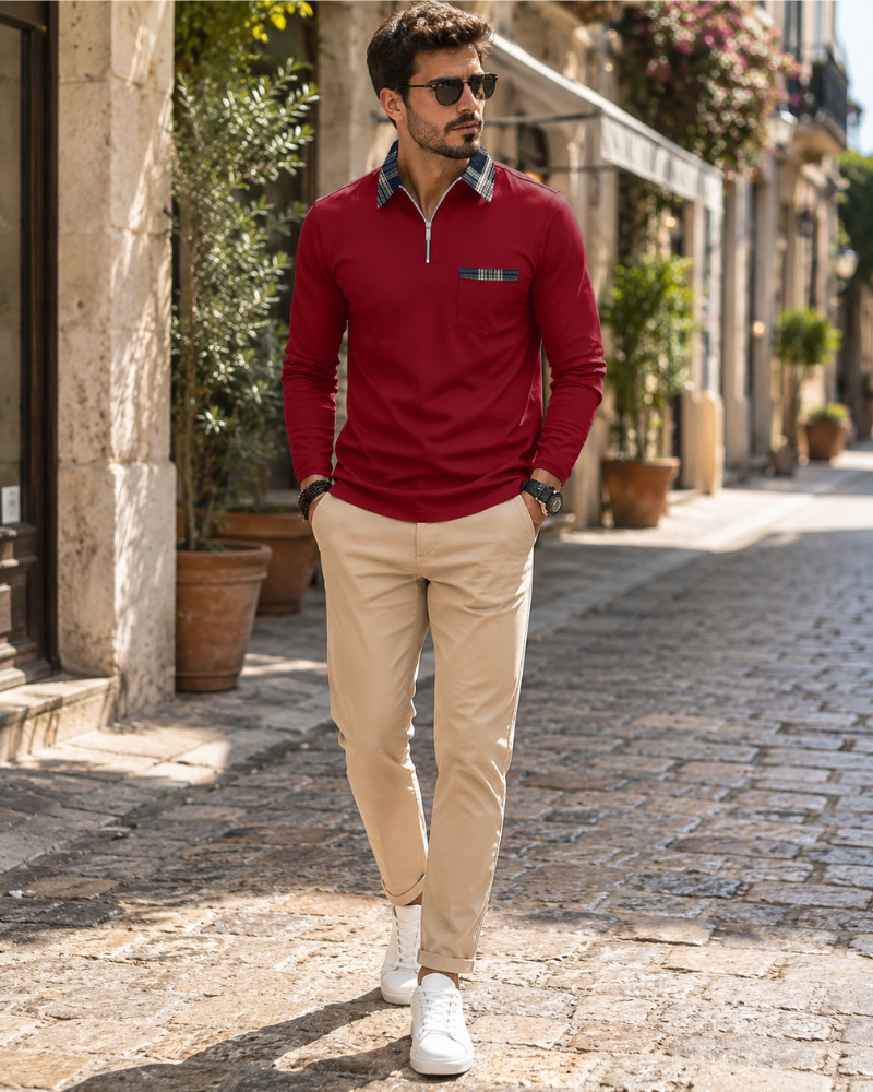Mitchell Polo Homme à Manches Longues – Col Zippé Élégant & Motif à Carreaux Intemporel