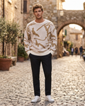 Nathan Pull Homme en Maille – Pull à Motif Abstrait avec Col Rond et Finitions Côtelées