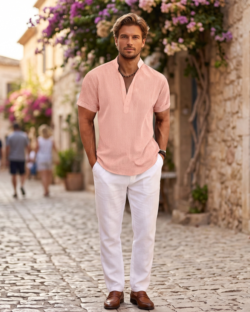 Logan Men's Linen Shirt – Breathable Summer Shirt with Henley Collar and Short Sleeves