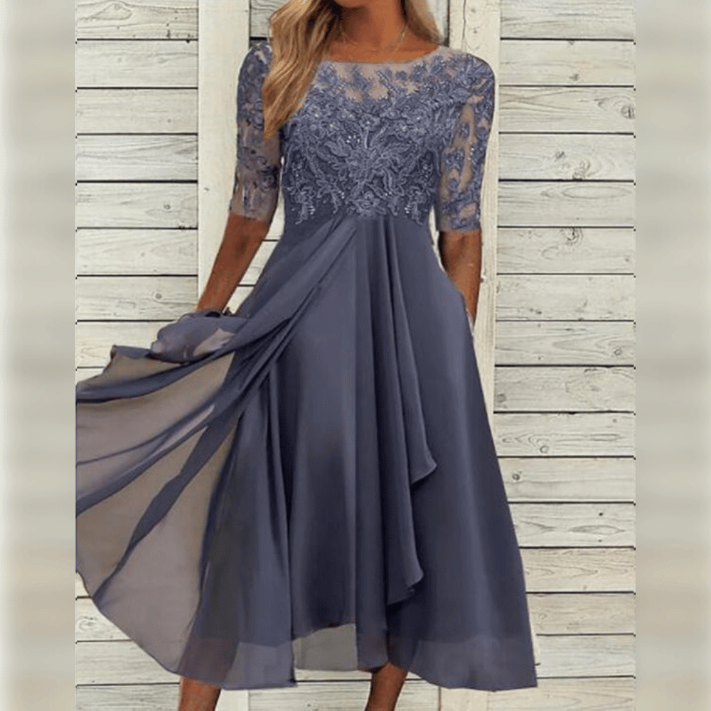 Danielle Robe Longue Femme – Robe Élégante en Mousseline avec Dentelle Raffinée et Coupe Fluide