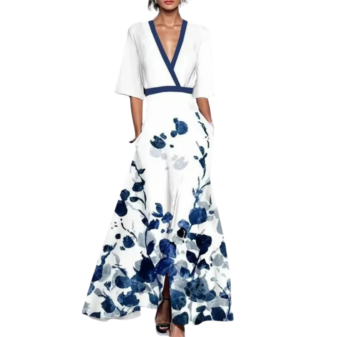 Vanessa Women's Spring Dress – Elegant Floral Dress with V-Neck & Cinched Waist