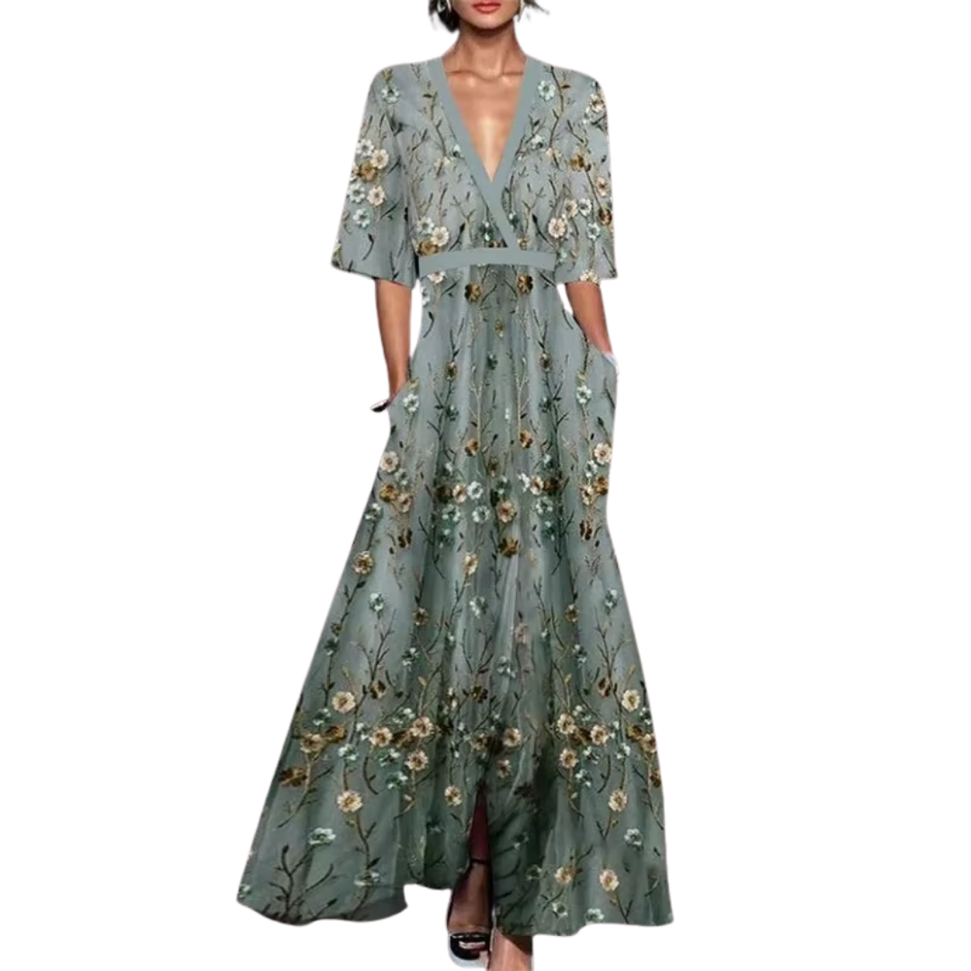 Vanessa Women's Spring Dress – Elegant Floral Dress with V-Neck & Cinched Waist