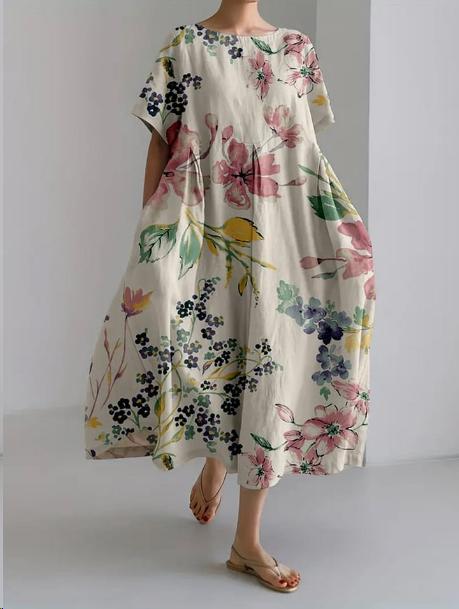 Rachel Robe Midi Femme – Robe Fleurie Légère avec Col Rond et Coupe Fluide Élégante