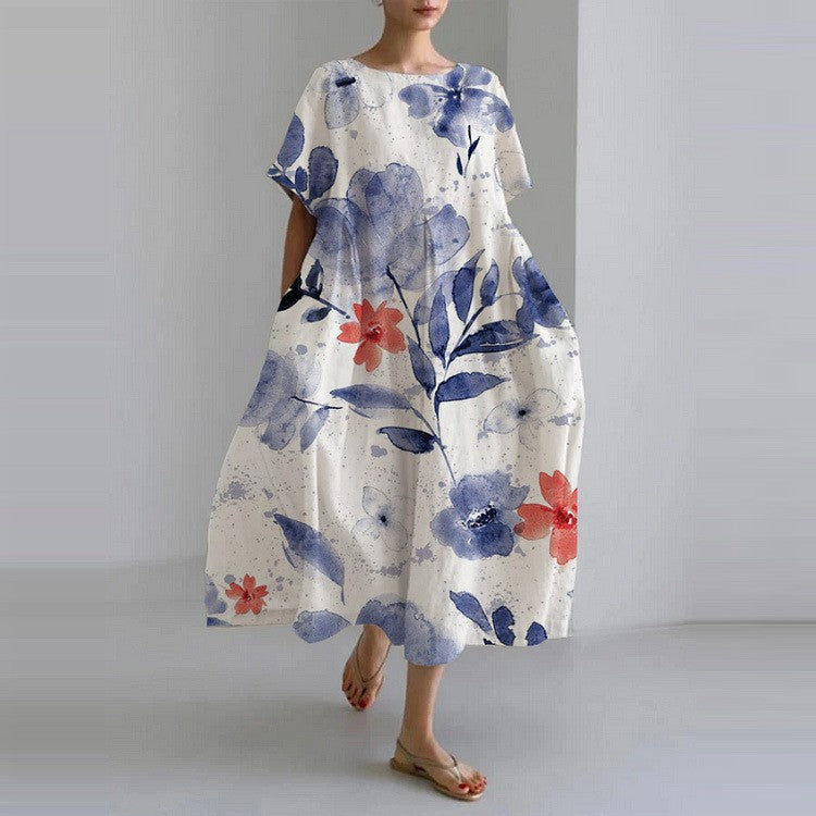 Rachel Robe Midi Femme – Robe Fleurie Légère avec Col Rond et Coupe Fluide Élégante
