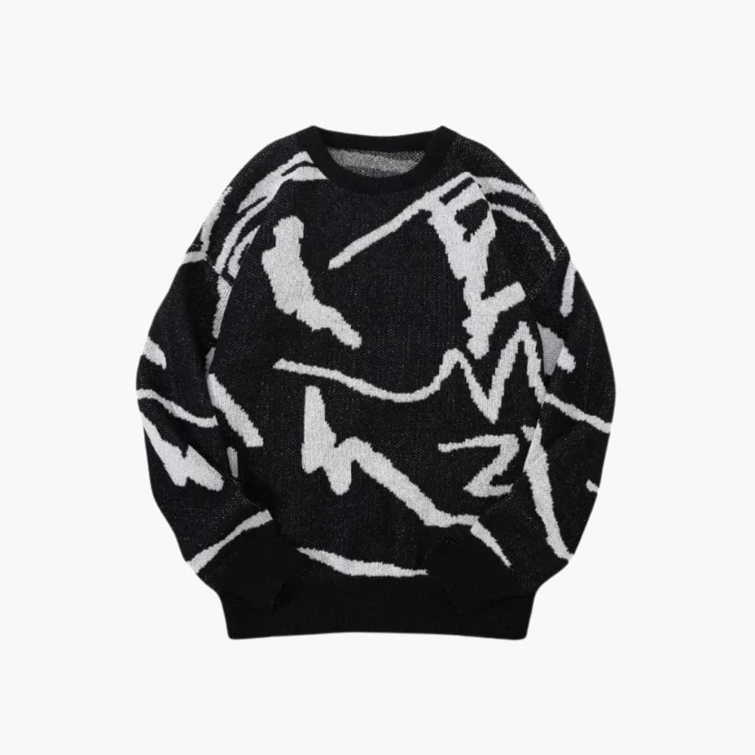 Men's Nathan Knitted Sweater – Abstract Pattern Jumper with Crew Neck and Ribbed Trims