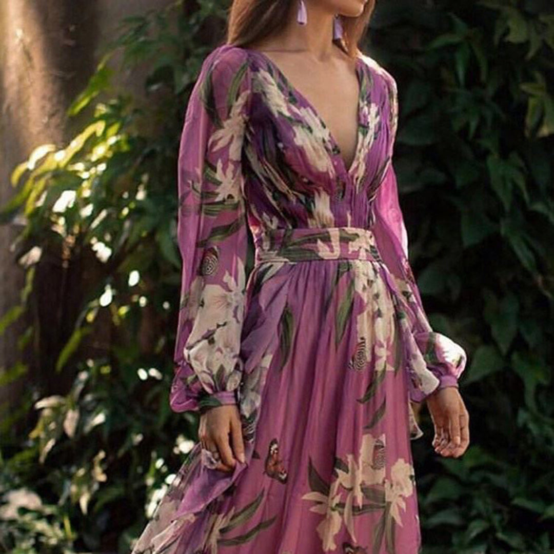 Jade Robe Maxi Femme – Robe Longue Fluide en Polyester Léger avec Motif Élégant d’Été