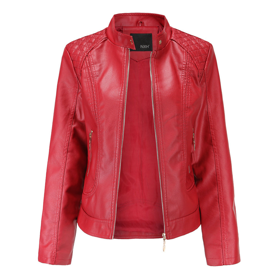 Avery Women's Leather Jacket – Stylish Stand-Up Collar Jacket with Zipper & Timeless Style