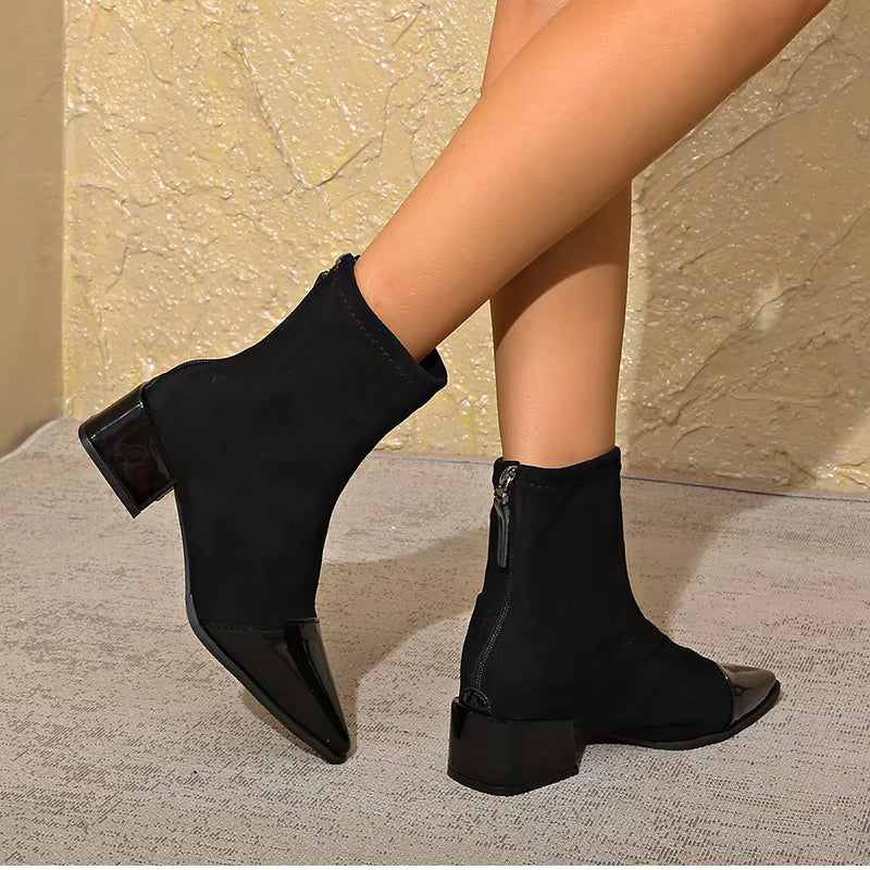 Vanessa Women's Suede Ankle Boots – Elegant Ankle Boots with Patent Details and Comfortable Block Heel