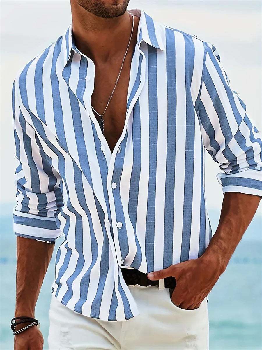 Thierry Men's Linen Shirt – Striped Cotton and Linen Shirt with Relaxed Fit for Summer