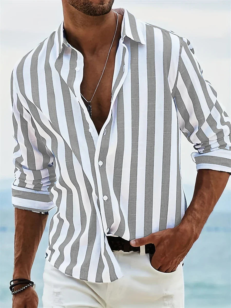 Thierry Men's Linen Shirt – Striped Cotton and Linen Shirt with Relaxed Fit for Summer
