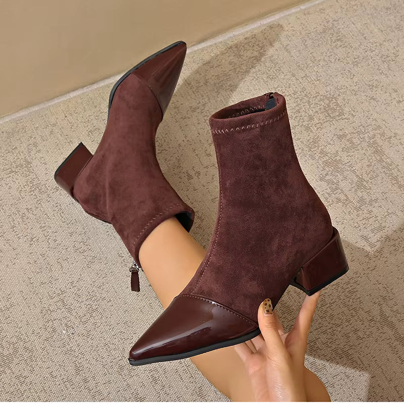 Vanessa Women's Suede Ankle Boots – Elegant Ankle Boots with Patent Details and Comfortable Block Heel