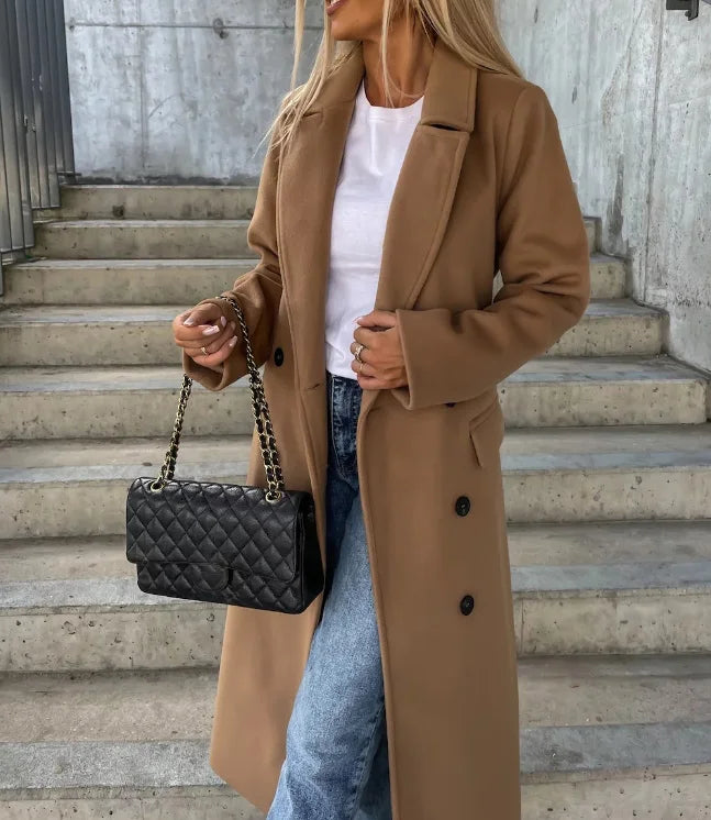 Scarlett Women's Wool Coat - Double-Breasted Long Coat with an Elegant Structured Cut
