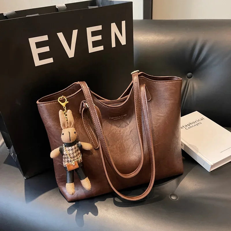 Valérie Sac Cabas Femme Vintage – Grand Sac en Cuir Végan avec Pendentif Amovible
