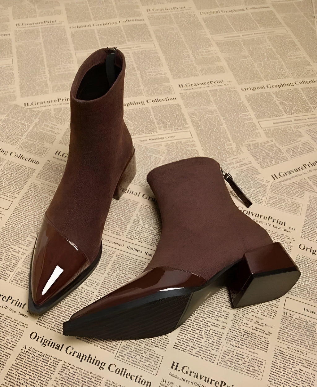Vanessa Women's Suede Ankle Boots – Elegant Ankle Boots with Patent Details and Comfortable Block Heel