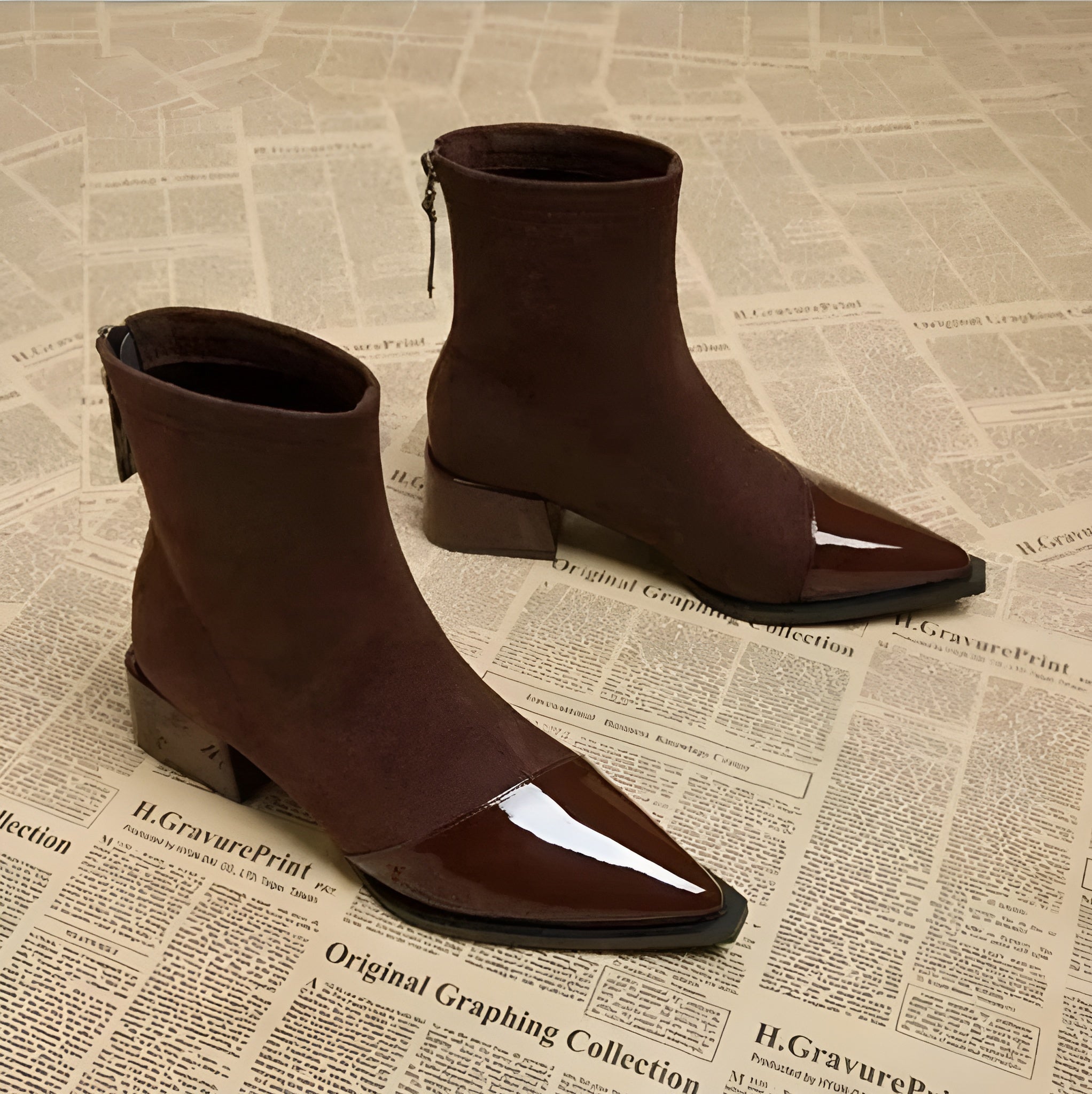 Vanessa Women's Suede Ankle Boots – Elegant Ankle Boots with Patent Details and Comfortable Block Heel