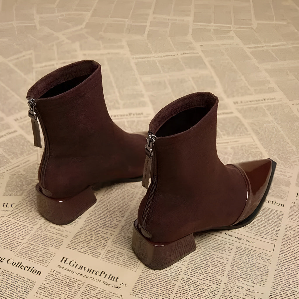 Vanessa Women's Suede Ankle Boots – Elegant Ankle Boots with Patent Details and Comfortable Block Heel