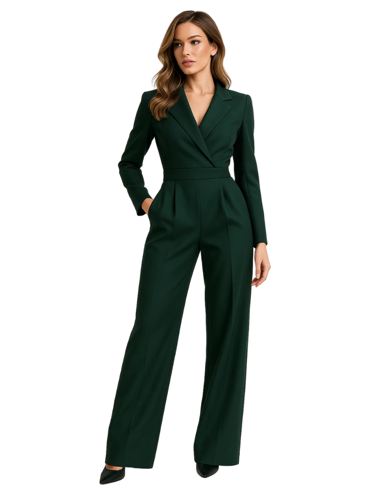 Julie Women's Blazer Style Jumpsuit – Elegant V-Neck, Wide Leg & Chic Cut
