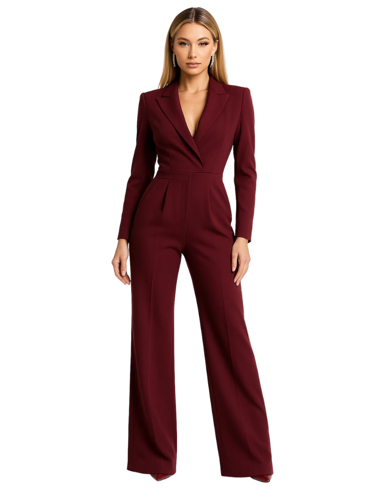 Julie Women's Blazer Style Jumpsuit – Elegant V-Neck, Wide Leg & Chic Cut