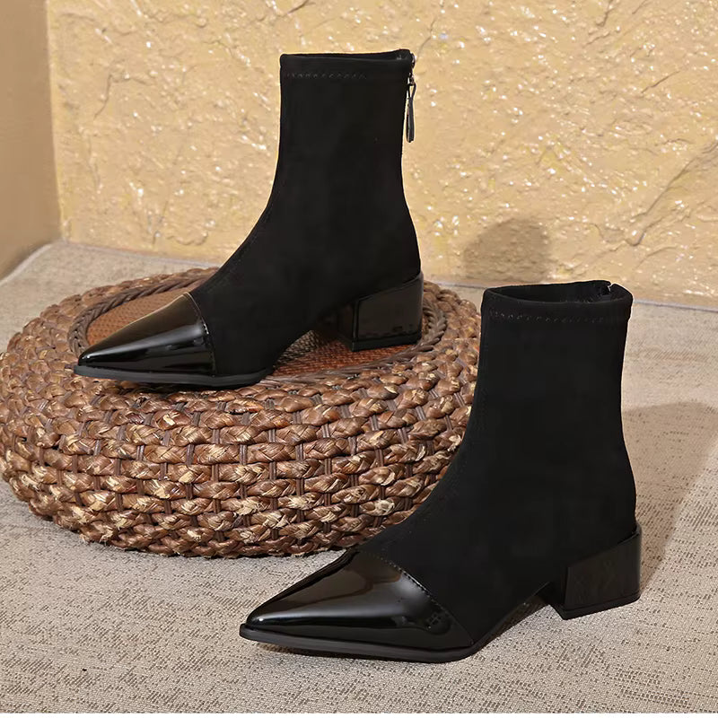 Vanessa Women's Suede Ankle Boots – Elegant Ankle Boots with Patent Details and Comfortable Block Heel