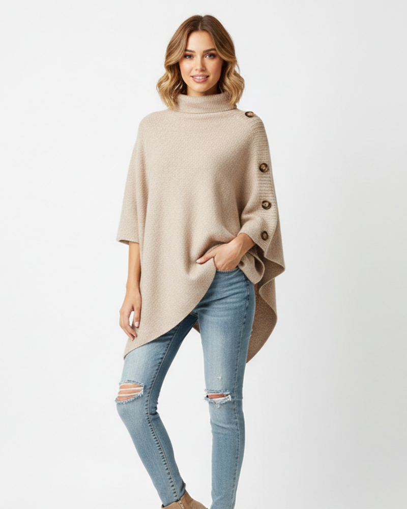 Louise Poncho Donna in Lana – Poncho Oversize con Collo Alto e Taglio Asimmetrico Elegante