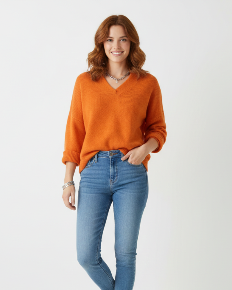 Sophie Pull Femme Col V – Maille Douce, Coupe Fluide & Style Élégant pour Automne/Hiver
