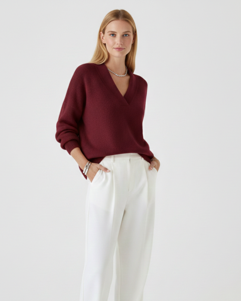 Sophie Pull Femme Col V – Maille Douce, Coupe Fluide & Style Élégant pour Automne/Hiver
