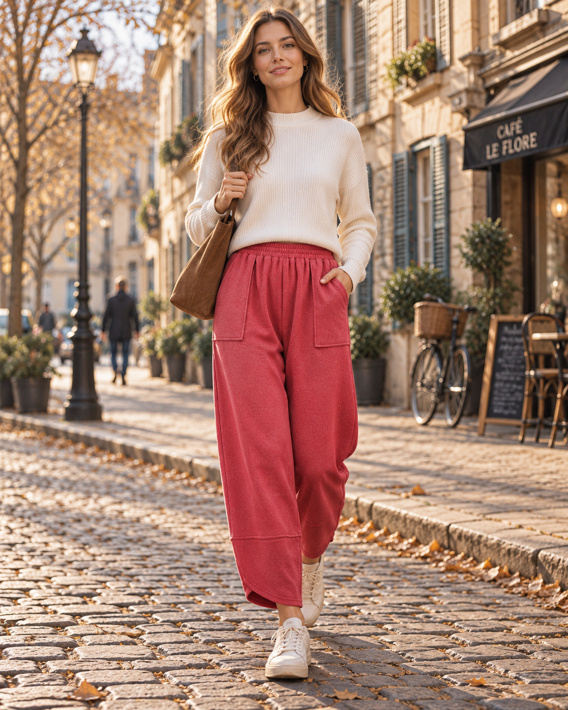 Leonardo Pantalon Large Femme – Taille Élastique, Ourlet Arrondi et Poches Latérales