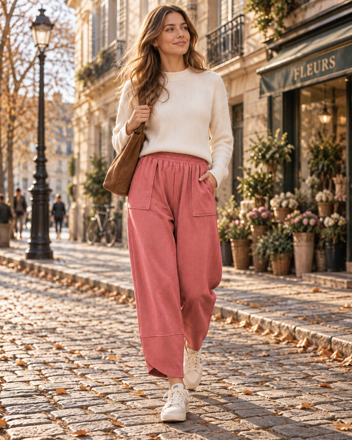 Leonardo Pantalon Large Femme – Taille Élastique, Ourlet Arrondi et Poches Latérales