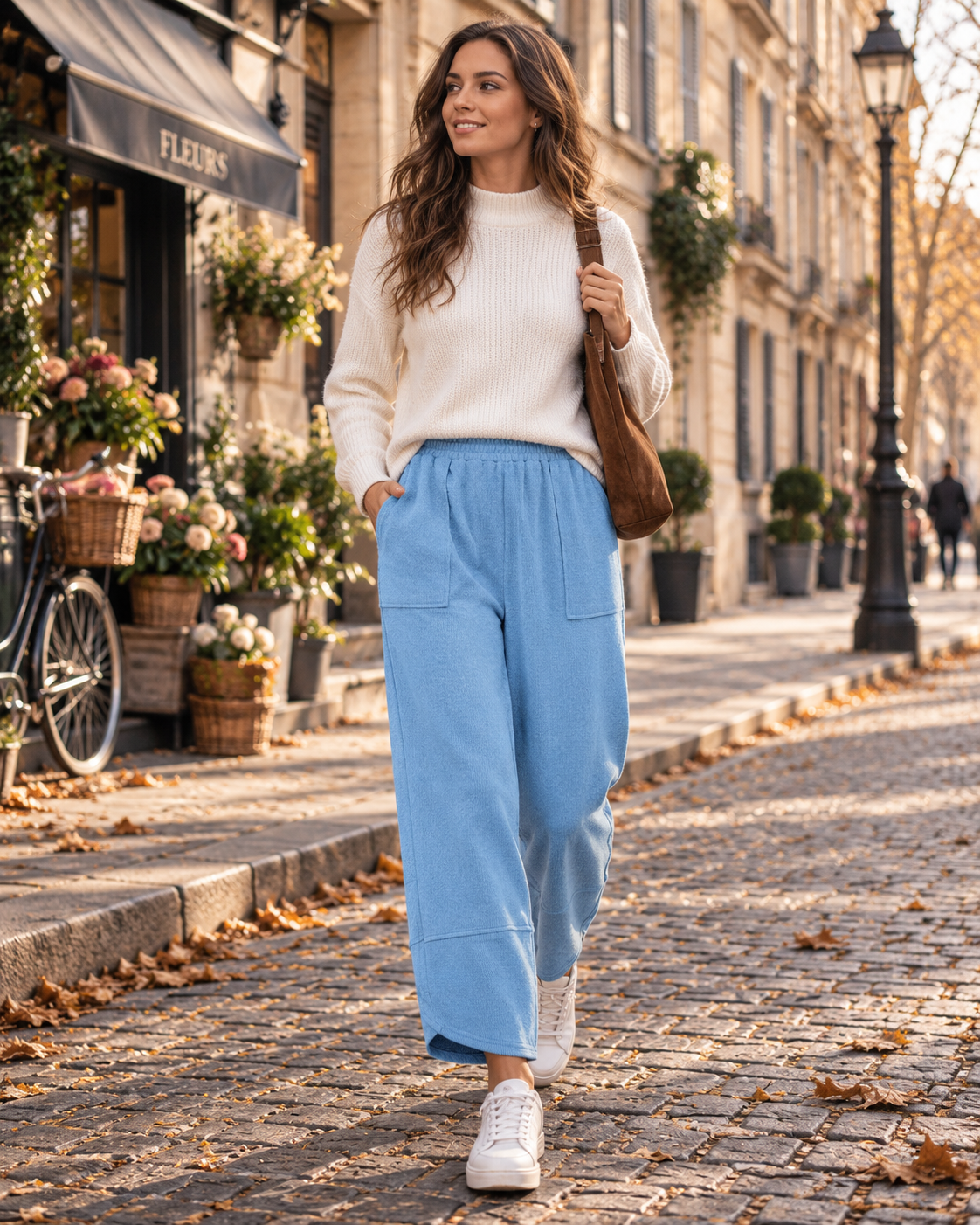 Leonardo Pantalon Large Femme – Taille Élastique, Ourlet Arrondi et Poches Latérales