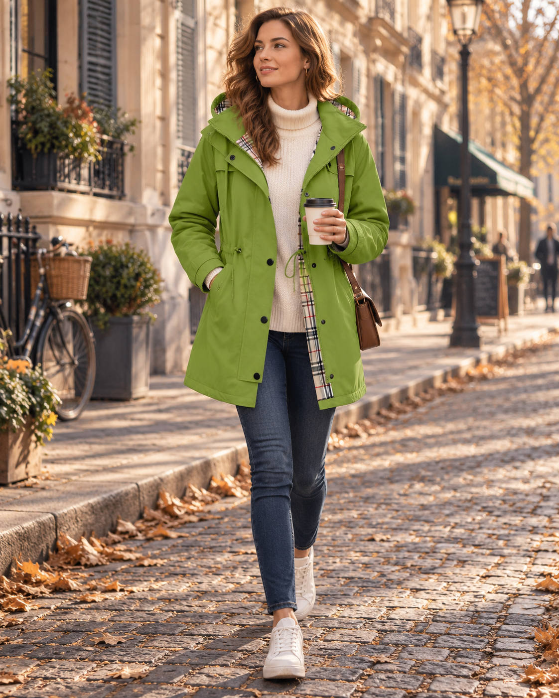 Mallory Imperméable Long Femme – Capuche et Taille Ajustables, Doublure à Carreaux