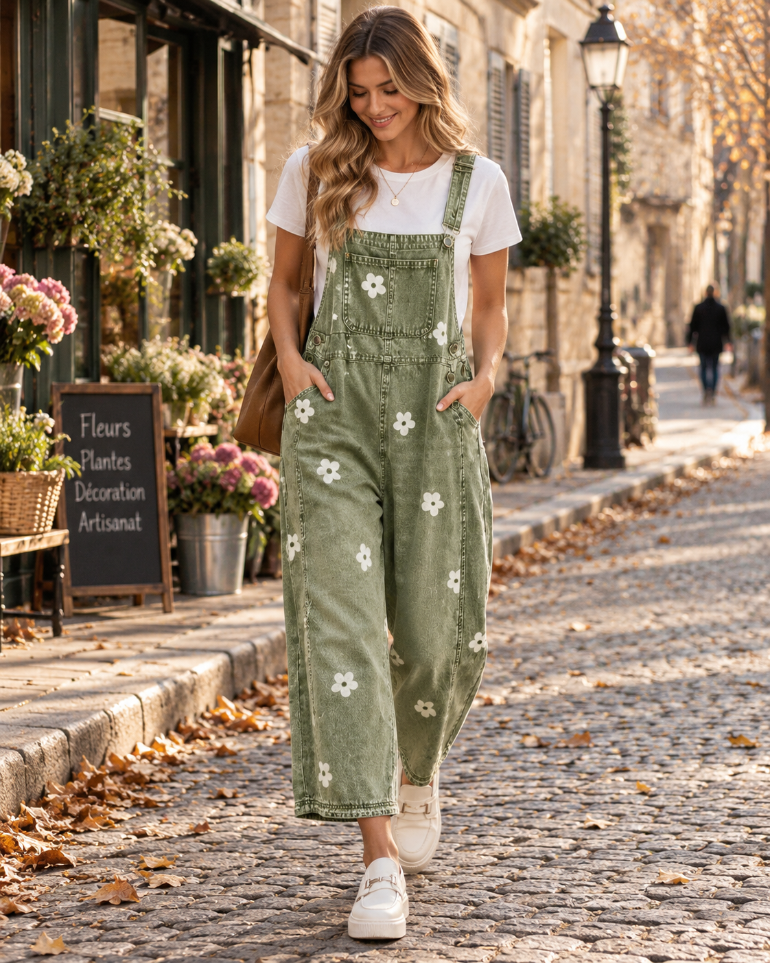 Millicent Salopette Jean Femme – Motif Fleuri, Jambes Larges et Bretelles Réglables