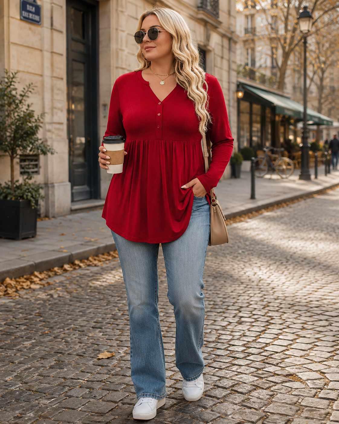 Judith Tunique femme col Henley – Manches longues, taille plissée, coupe ample