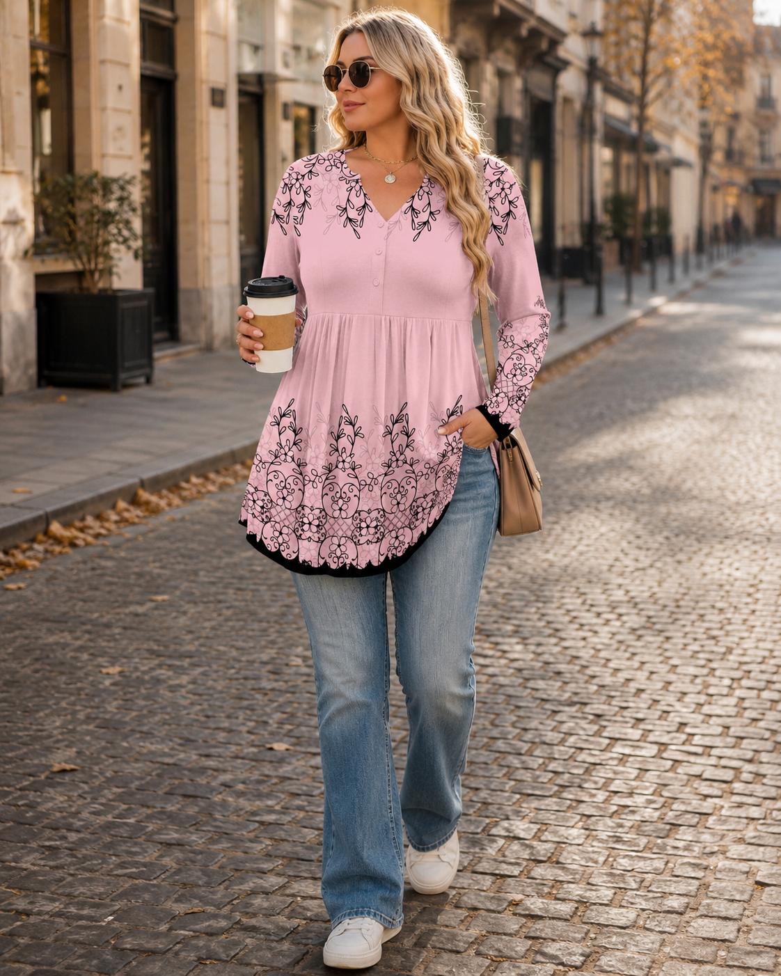 Judith Tunique femme col Henley – Manches longues, taille plissée, coupe ample
