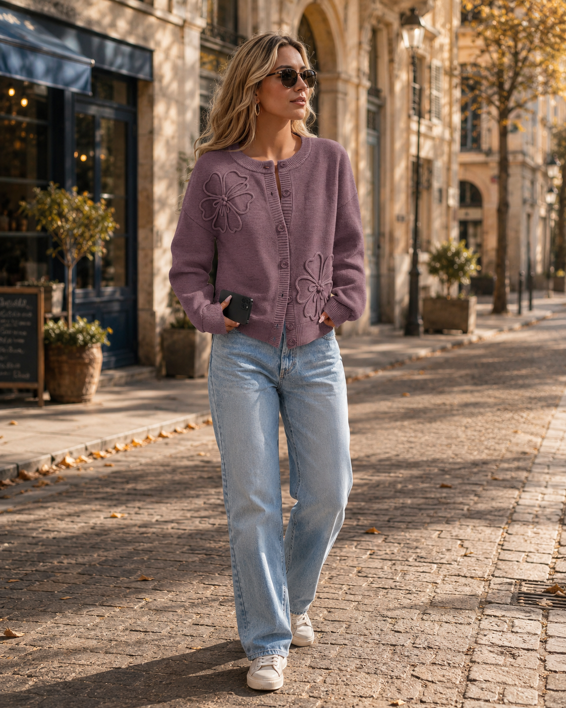 Sybil Cardigan femme floral 3D – Col rond, manches ballon, boutonné, coupe ample