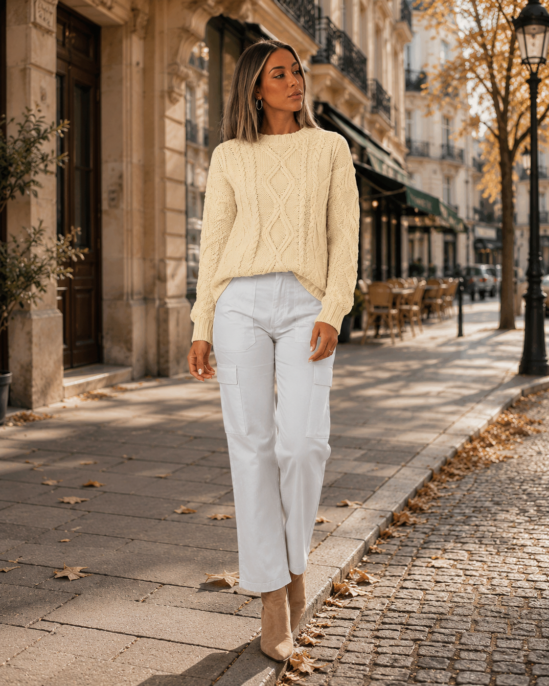 Mavis Pull femme maille torsadée – Coton mélangé, col rond, coupe oversize