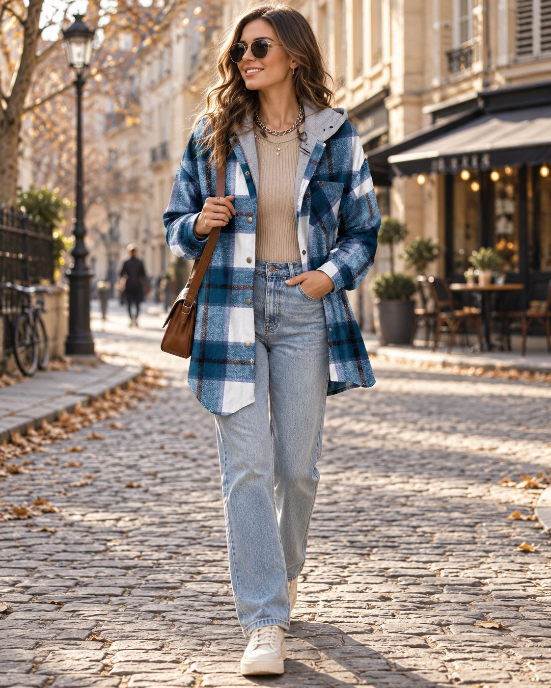 Florencia Veste chemise femme à carreaux – Capuche doublée, coupe oversize, manches longues