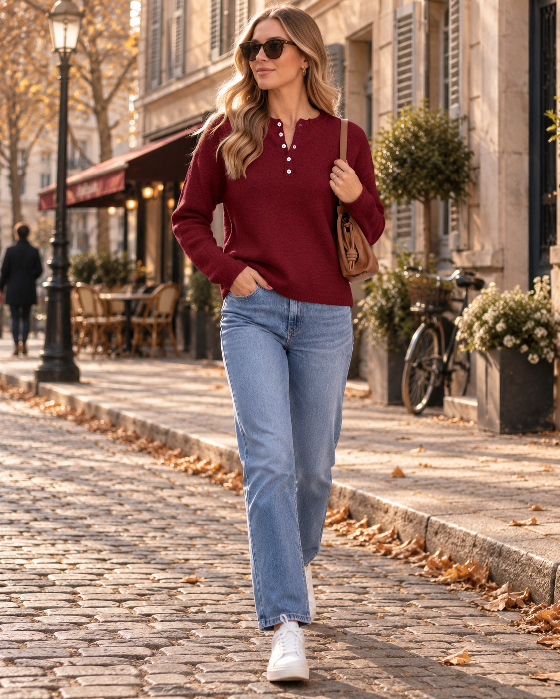 Caroline Pull Henley femme – Maille douce, col boutonné, coupe ample, manches longues