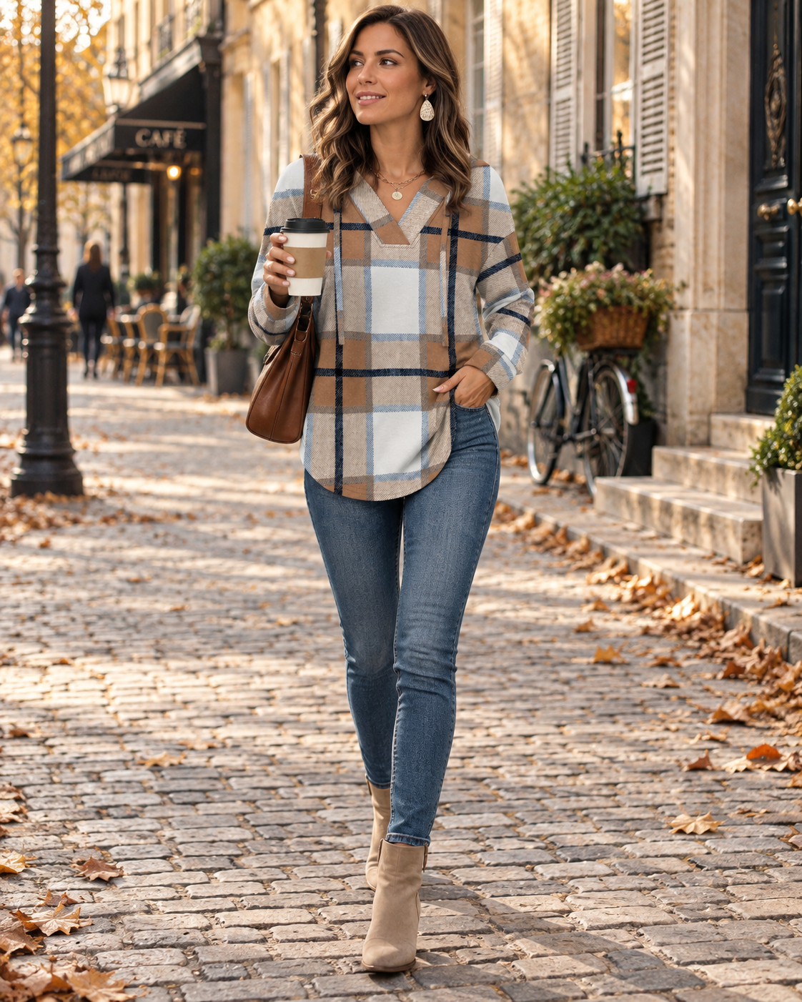Marla Sweat à Capuche Femme à Carreaux – Col V, Coupe Ample & Manches Longues