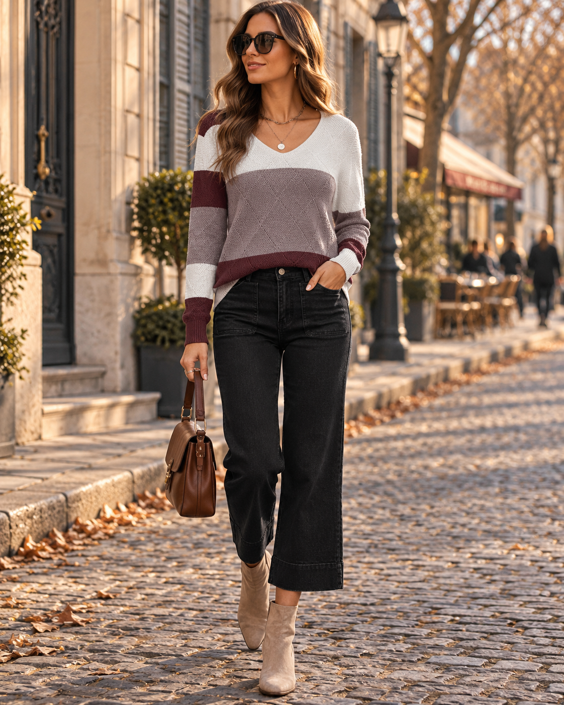 Jocelyn Pull Rayé Femme – Maille Texturée, Col V, Coupe Ample & Manches Longues