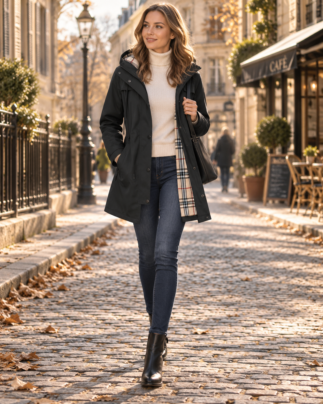 Mallory Imperméable Long Femme – Capuche et Taille Ajustables, Doublure à Carreaux