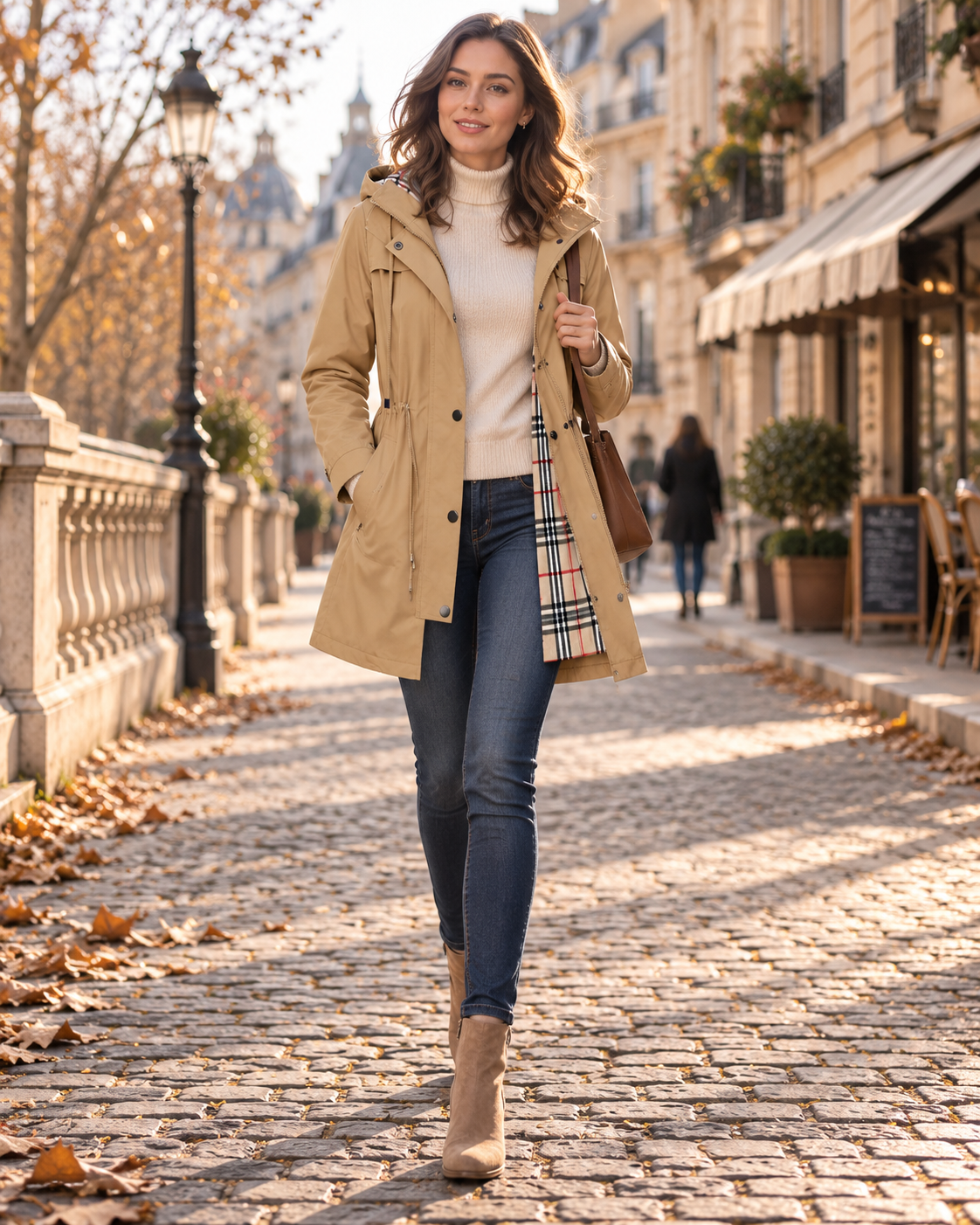 Mallory Imperméable Long Femme – Capuche et Taille Ajustables, Doublure à Carreaux