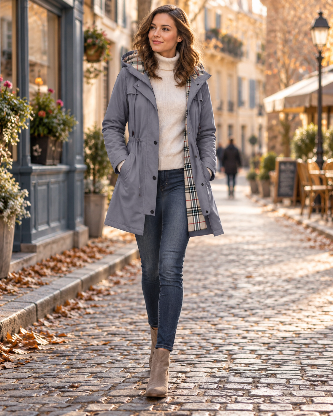 Mallory Imperméable Long Femme – Capuche et Taille Ajustables, Doublure à Carreaux