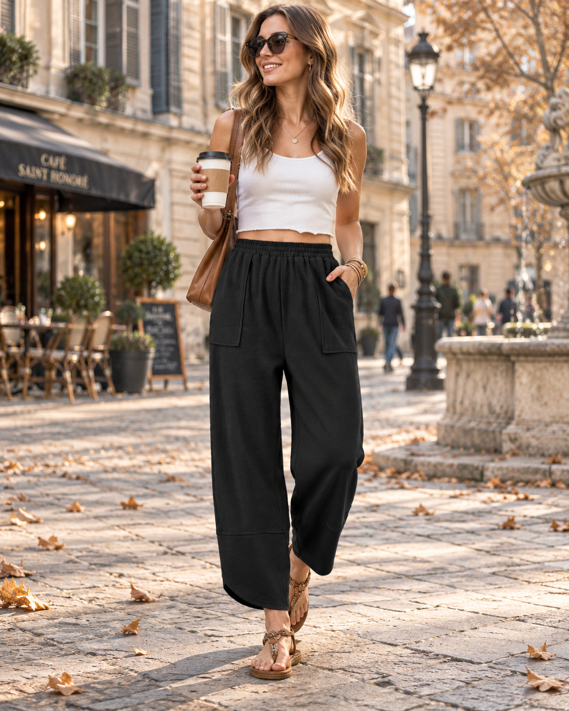 Leonardo Pantalon Large Femme – Taille Élastique, Ourlet Arrondi et Poches Latérales
