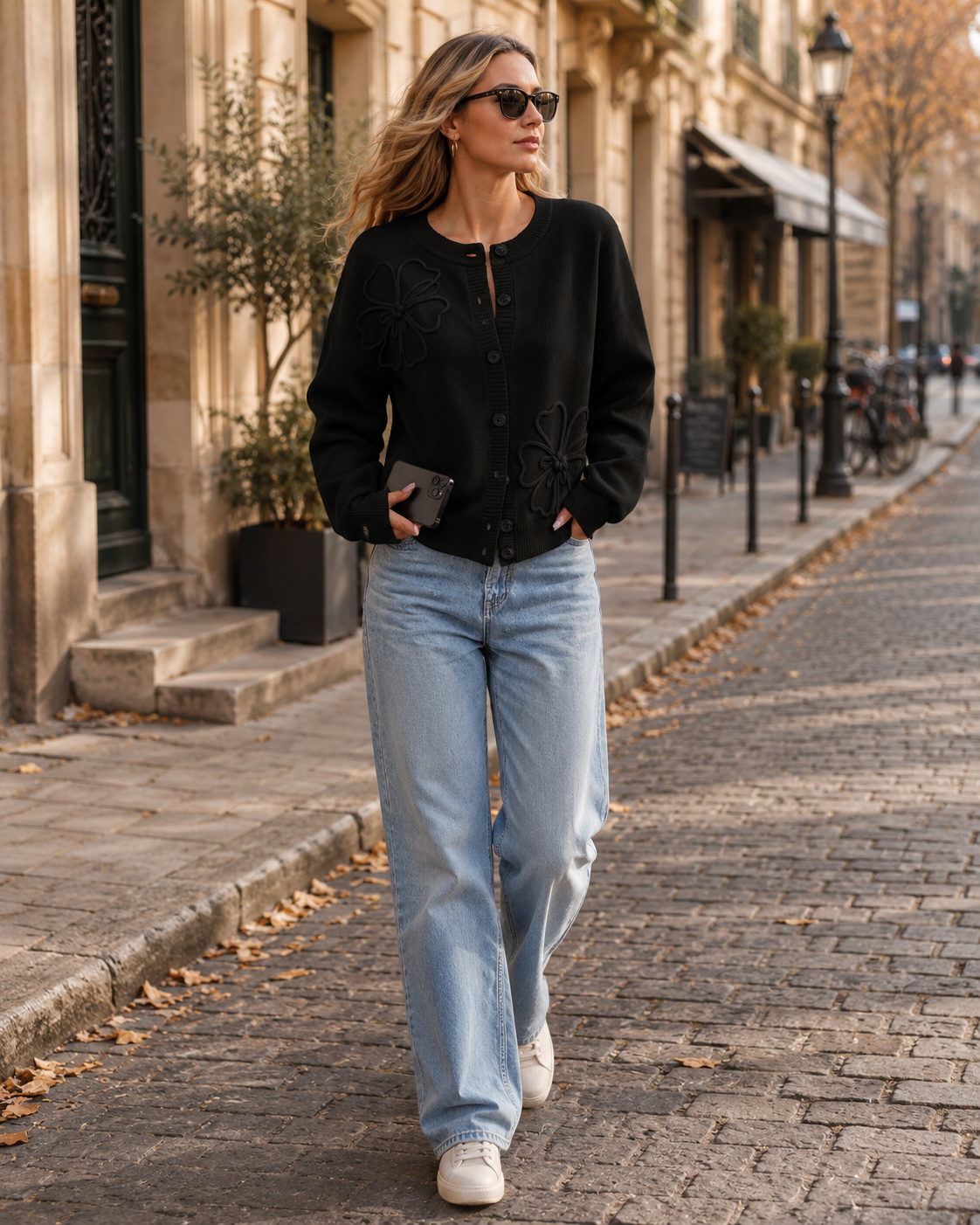 Sybil Cardigan femme floral 3D – Col rond, manches ballon, boutonné, coupe ample